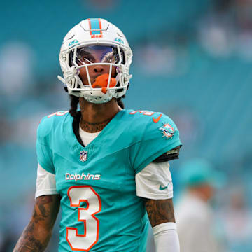 Aug 11, 2023; Miami Gardens, Florida, USA;  Miami Dolphins wide receiver Robbie Chosen (3) warms up before a game against the Atlanta Falcons at Hard Rock Stadium. Mandatory Credit: Nathan Ray Seebeck-Imagn Images