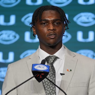 Jul 24, 2024; Charlotte, NC, USA;  Miami Hurricanes quarterback Cam Ward speaks to the media during the ACC Kickoff at Hilton Charlotte Uptown. Mandatory Credit: Jim Dedmon-USA TODAY Sports