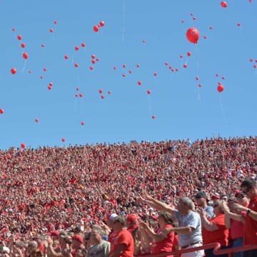 Aug 30, 2014; Lincoln, NE, USA; Nebraska Cornhuskers fans release red balloons after a score during the second half against the Florida Atlantic Owls at Memorial Stadium. Nebraska won 55-7. 