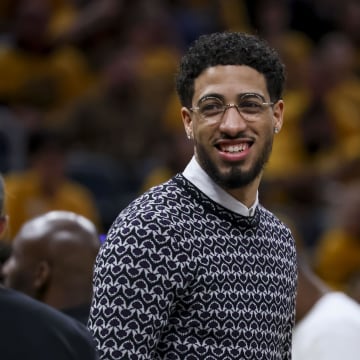 May 27, 2024; Indianapolis, Indiana, USA; Tyrese Haliburton during the first quarter during game four of the eastern conference finals for the 2024 NBA playoffs at Gainbridge Fieldhouse. Mandatory Credit: Trevor Ruszkowski-USA TODAY Sports