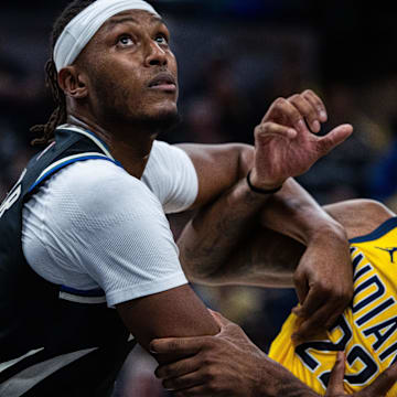 Nov 3, 2025; Indianapolis, Indiana, USA; Milwaukee Bucks center/forward Myles Turner (3) and Indiana Pacers forward Isaiah Jackson (22) fight for position in the first half at Gainbridge Fieldhouse. Mandatory Credit: Trevor Ruszkowski-Imagn Images