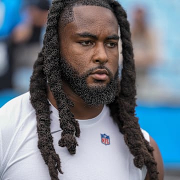 Aug 8, 2025; Charlotte, North Carolina, USA; Carolina Panthers linebacker Patrick Jones II (91)] during pregame warm ups against the Cleveland Browns at Bank of America Stadium. Mandatory Credit: Jim Dedmon-Imagn Images