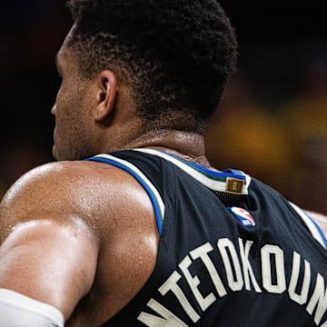 Apr 29, 2025; Indianapolis, Indiana, USA; Milwaukee Bucks forward Giannis Antetokounmpo (34) during game five of the first round for the 2024 NBA Playoffs against the Indiana Pacers at Gainbridge Fieldhouse. Mandatory Credit: Trevor Ruszkowski-Imagn Images