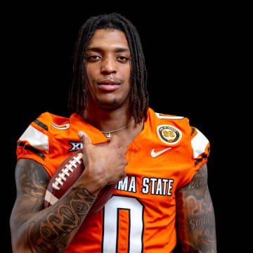 Ollie Gordon II (0) is pictured during the Oklahoma State football media day in Stillwater, Okla., on Saturday, Aug. 3, 2024.