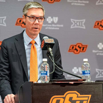 Oklahoma State Athletic Director Chad Weiberg speaks at a press conference following the firing of head football coach Mike Gundy in Stillwater, Okla., on Tuesday, Sept. 23, 2025.