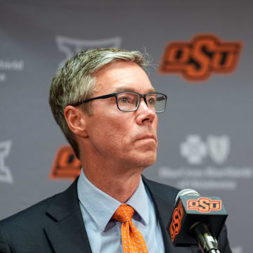 Oklahoma State Athletic Director Chad Weiberg speaks at a press conference following the firing of head football coach Mike Gundy in Stillwater, Okla., on Tuesday, Sept. 23, 2025.