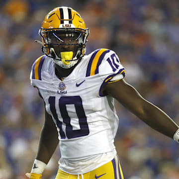 Oct 15, 2022; Gainesville, Florida, USA; LSU Tigers wide receiver Jaray Jenkins (10) looks on against the Florida Gators during the second half at Ben Hill Griffin Stadium. Mandatory Credit: Kim Klement-Imagn Images