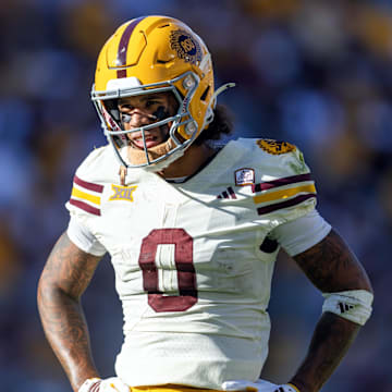 Oct 18, 2025; Tempe, Arizona, USA; Arizona State Sun Devils wide receiver Jordyn Tyson (0) against the Texas Tech Red Raiders at Mountain America Stadium. Mandatory Credit: Mark J. Rebilas-Imagn Images