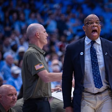 Nov 11, 2025; Chapel Hill, North Carolina, USA; North Carolina Tar Heels head coach Hubert Davis calls out the play in the first half against the Radford Highlanders at Dean E. Smith Center. 
