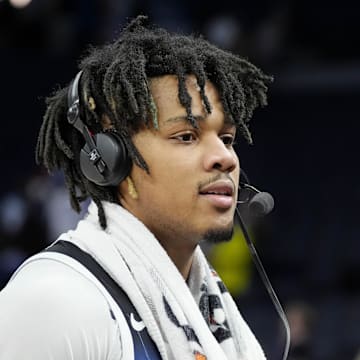 Feb 13, 2025; Minneapolis, Minnesota, USA; Minnesota Timberwolves guard Terrence Shannon Jr. (00) takes part in an interview after defeating the Oklahoma City Thunder at Target Center. Mandatory Credit: Bruce Kluckhohn-Imagn Images