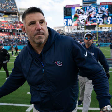 Tennessee Titans Head Coach Mike Vrabel heads off the field after beating the Jacksonville Jaguars â€“ and knocking them out of the playoffs â€“ after their game at Nissan Stadium in Nashville, Tenn., Sunday, Jan. 7, 2024.