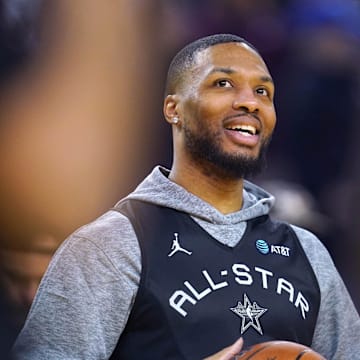 Feb 15, 2025; Oakland, CA, USA; Shaq’s OGs guard Damian Lillard (0) of the Milwaukee Bucks smiles during the NBA All Star-Practice at Oracle Arena. Mandatory Credit: Cary Edmondson-Imagn Images