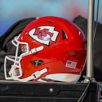 Nov 24, 2024; Charlotte, North Carolina, USA; Kansas City Chiefs helmet during pregame warmups against the Carolina Panthers at Bank of America Stadium. Mandatory Credit: Jim Dedmon-Imagn Images