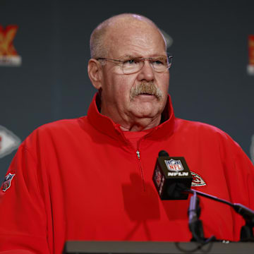 Feb 6, 2025; New Orleans, LA, USA;  Kansas City Chiefs head coach Andy Reid during a press conference in advance of Super Bowl LIX at New Orleans Marriott. Mandatory Credit: Stephen Lew-Imagn Images