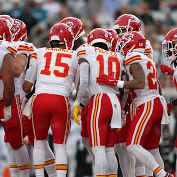 Aug 10, 2024; Jacksonville, Florida, USA; Kansas City Chiefs quarterback Patrick Mahomes (15) leads a huddle against the Jacksonville Jaguars in the first quarter during preseason at EverBank Stadium. Mandatory Credit: Nathan Ray Seebeck-Imagn Images