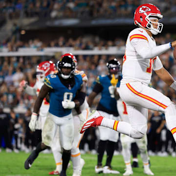 Kansas City Chiefs quarterback Patrick Mahomes (15) scores a rushing touchdown during the second quarter of an NFL football matchup at EverBank Stadium, Monday, Oct. 6, 2025, in Jacksonville, Fla. [Corey Perrine/Florida Times-Union]