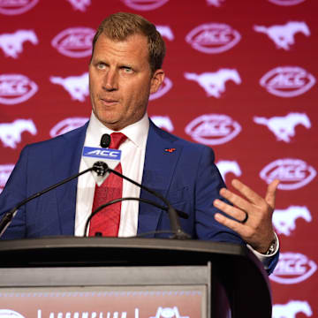 Jul 22, 2024; Charlotte, NC, USA; SMU head coach Rhett Lashlee speaks to the media during ACC Kickoff at Hilton Charlotte Uptown. Mandatory Credit: Jim Dedmon-Imagn Images