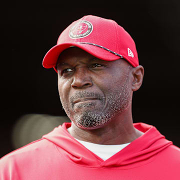 Dec 29, 2024; Tampa, Florida, USA; Tampa Bay Buccaneers head coach Todd Bowles looks on before a game against the Carolina Panthers at Raymond James Stadium. Mandatory Credit: Nathan Ray Seebeck-Imagn Images