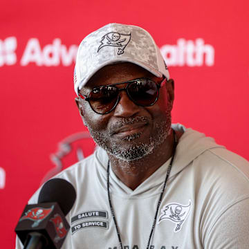 Jul 31, 2025; Tampa, FL, USA; Tampa Bay Buccaneers head coach Todd Bowles talks to media after training camp at AdventHealth Training Center. Mandatory Credit: Nathan Ray Seebeck-Imagn Images