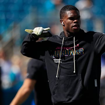 Jacksonville Jaguars wide receiver Travis Hunter (12) dances before an NFL football matchup, Sunday, Oct. 12, 2025, at EverBank Stadium in Jacksonville, Fla. The Seahawks defeated the Jaguars 20-12.
