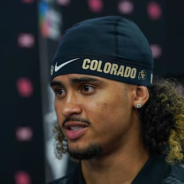 Jul 9, 2025; Frisco, TX, USA; Colorado quarterback Julian Lewis speaks with the media during 2025 Big 12 Football Media Days at The Star. Mandatory Credit: Raymond Carlin III-Imagn Images