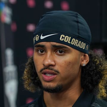Jul 9, 2025; Frisco, TX, USA; Colorado quarterback Julian Lewis speaks with the media during 2025 Big 12 Football Media Days at The Star. Mandatory Credit: Raymond Carlin III-Imagn Images