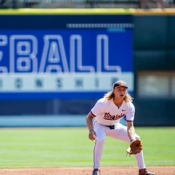May 24, 2024; Charlotte, NC, USA; Virginia Cavaliers infielder Luke Hanson (5) sets up in the second inning against the Florida State Seminoles during the ACC Baseball Tournament at Truist Field. Mandatory Credit: Scott Kinser-Imagn Images