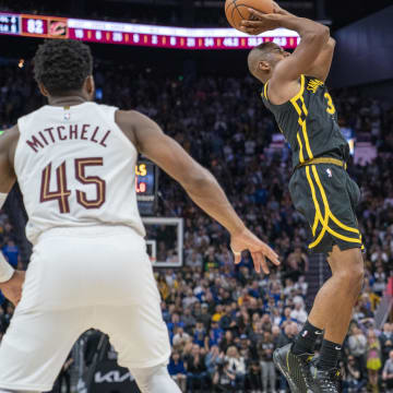 Nov 11, 2023; San Francisco, California, USA;  Golden State Warriors guard Chris Paul (3) shoot the ball against Cleveland Cavaliers guard Caris LeVert (3) during the third quarter at Chase Center. Mandatory Credit: Neville E. Guard-USA TODAY Sports