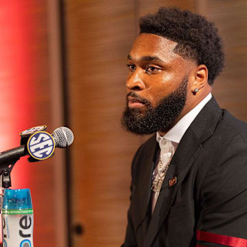 Jul 17, 2024; Dallas, TX, USA; Mississippi State linebacker John Lewis speaking at Omni Dallas Hotel. Mandatory Credit: Brett Patzke-Imagn Images