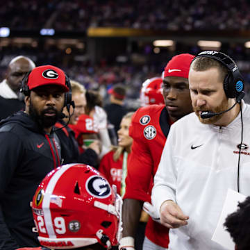 Jan 9, 2023; Inglewood, CA, USA; Georgia Bulldogs co-defensive coordinator and linebackers coach Glenn Schumann against the TCU Horned Frogs during the CFP national championship game at SoFi Stadium. Mandatory Credit: Mark J. Rebilas-Imagn Images