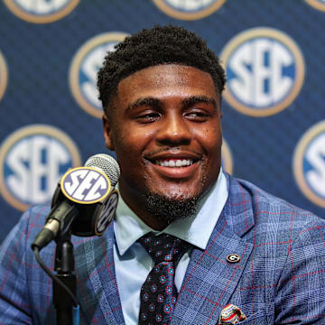 Jul 15, 2025; Atlanta, GA, USA; Georgia Bulldogs line backer CJ Allen answers questions from the media during SEC Media Days at Omni Atlanta Hotel. Mandatory Credit: Jordan Godfree-Imagn Images