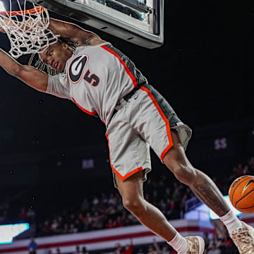 Nov 9, 2025; Athens, Georgia, USA; Georgia Bulldogs guard Jeremiah Wilkinson (5) dunks the ball against the Morehead State Eagles during the first half at Stegeman Coliseum. Mandatory Credit: Dale Zanine-Imagn Images