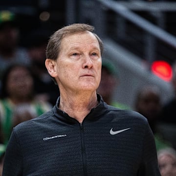 Mar 14, 2025; Indianapolis, IN, USA; Oregon Ducks head coach Dana Altman in the first half against the Michigan State Spartans at Gainbridge Fieldhouse. Mandatory Credit: Trevor Ruszkowski-Imagn Images
