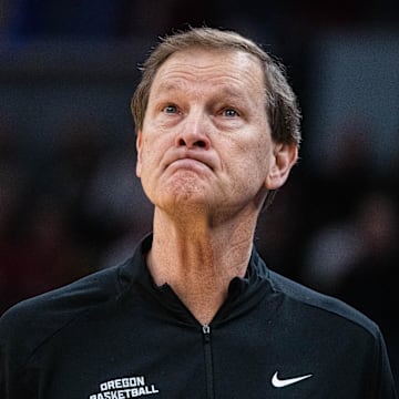 Mar 13, 2025; Indianapolis, IN, USA; Oregon Ducks head coach Dana Altman in the first half against the Indiana Hoosiers at Gainbridge Fieldhouse. Mandatory Credit: Trevor Ruszkowski-Imagn Images