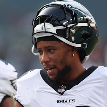 Aug 7, 2025; Philadelphia, Pennsylvania, USA; Philadelphia Eagles running back Saquon Barkley (26) before a game against the Cincinnati Bengals at Lincoln Financial Field. Mandatory Credit: Bill Streicher-Imagn Images