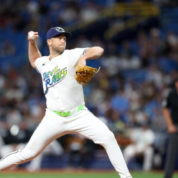 Tampa Bay Rays pitcher Jason Adam (47) throws a pitch against the Cleveland Guardians in the ninth inning at Tropicana Field on July 12.