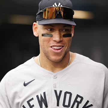 New York Yankees right fielder Aaron Judge (99) reacts during the sixth inning against the Colorado Rockies at Coors Field. 