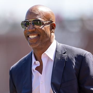 San Francisco, California, USA; San Francisco Giants legend Barry Bonds smiles before the MLB game between the San Diego Padres and San Francisco Giants at Oracle Park.