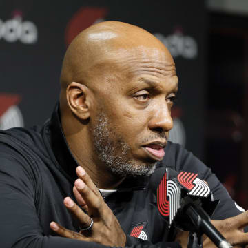 Feb 4, 2022; Portland, Oregon, USA; Portland Trail Blazers head coach Chauncey Billups answers questions from the media prior to a game against the Oklahoma City at Moda Center. Mandatory Credit: Soobum Im-USA TODAY Sports