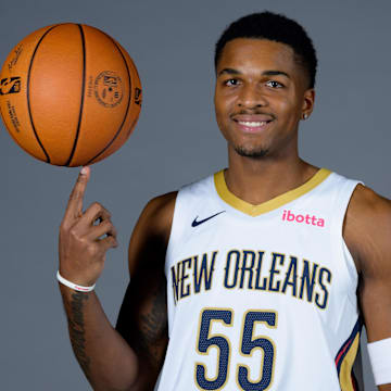 Oct 2, 2023; New Orleans, LA, USA; New Orleans Pelicans guard Tevian Jones (55) poses during Media Day at the Smoothie King Center. Mandatory Credit: Matthew Hinton-Imagn Images