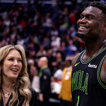 Mar 15, 2024; New Orleans, Louisiana, USA;  New Orleans Pelicans forward Zion Williamson (1) is interviewed by the media after the game at Smoothie King Center. Mandatory Credit: Stephen Lew-Imagn Images