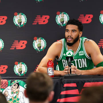 Oct 2, 2023; Boston, Celtics, USA; Boston Celtics forward Jayson Tatum (0) talks with sports media during Boston Celtics Media Day. Mandatory Credit: David Butler II-Imagn Images