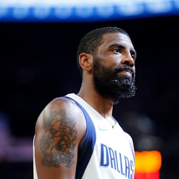 Apr 2, 2024; San Francisco, California, USA; Dallas Mavericks guard Kyrie Irving (11) stands on the court against the Golden State Warriors before the start of the second quarter at the Chase Center. Mandatory Credit: Cary Edmondson-Imagn Images