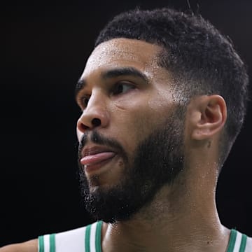 Oct 28, 2024; Boston, Massachusetts, USA; Boston Celtics forward Jayson Tatum (0) reacts during the second half against the Milwaukee Bucks at TD Garden. Mandatory Credit: Paul Rutherford-Imagn Images