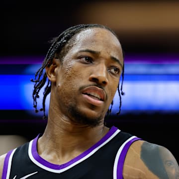 Apr 16, 2025; Sacramento, California, USA; Sacramento Kings forward DeMar DeRozan (10) looks on during the fourth quarter against the Dallas Mavericks at Golden 1 Center. Mandatory Credit: Sergio Estrada-Imagn Images