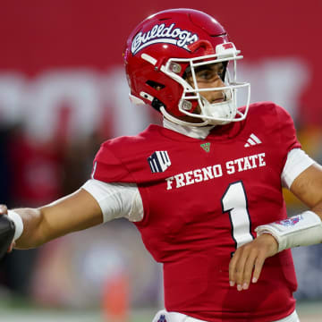 Sep 30, 2023; Fresno, California, USA; Fresno State Bulldogs quarterback Mikey Keene (1) throws a pass during warmups against the Nevada Wolf Pack at Valley Children's Stadium. Mandatory Credit: Cary Edmondson-USA TODAY Sports