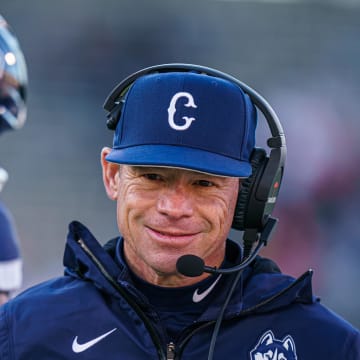 Nov 18, 2023; East Hartford, Connecticut, USA; UConn Huskies head coach Jim Mora watches from the sideline as they take on the Sacred Heart Pioneers at Rentschler Field at Pratt & Whitney Stadium. Mandatory Credit: David Butler II-USA TODAY Sports