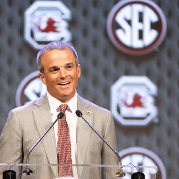 Jul 15, 2024; Dallas, TX, USA; South Carolina head coach Shane Beamer speaking to the media at Omni Dallas Hotel. Mandatory Credit: Brett Patzke-USA TODAY Sports