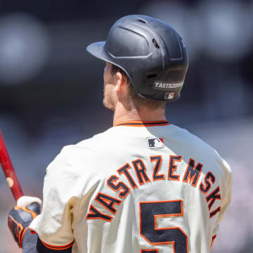 Jun 12, 2024; San Francisco, California, USA;  San Francisco Giants outfielder Mike Yastrzemski (5) up to bat during the eighth inning against the Houston Astros at Oracle Park.  Bob Kupbens-USA TODAY Sports