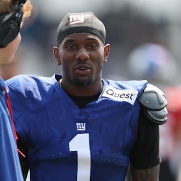 Aug 4, 2025; East Rutherford, NJ, USA; New York Giants wide receiver Malik Nabers (1) on the field during training camp at Quest Diagnostics Training Center.  